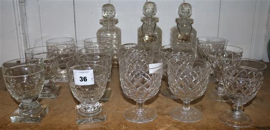 Three decanters, six and four glasses & others